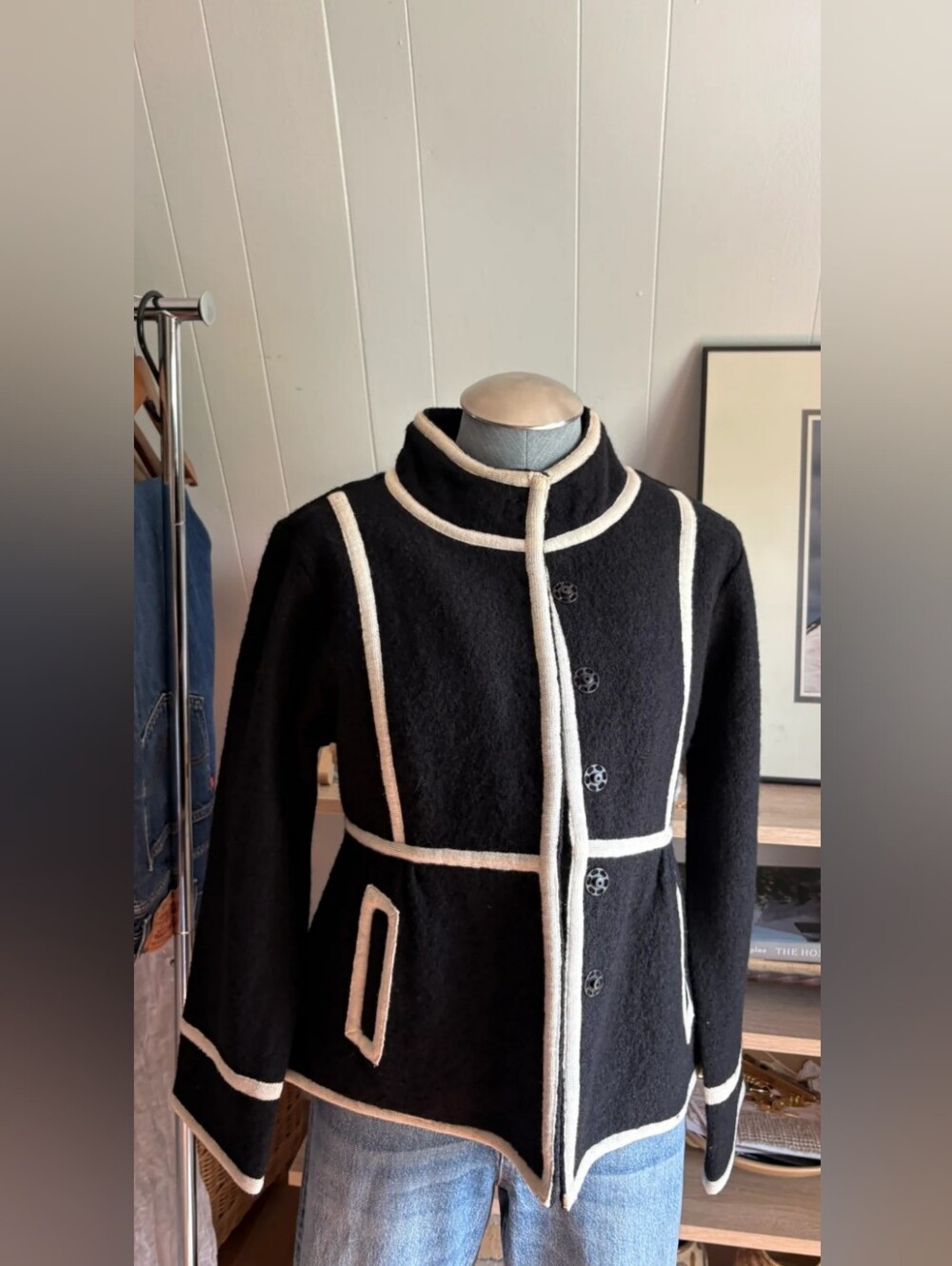 100% Wool Black Jacket with Cream Trim Contrast with Standing Collar